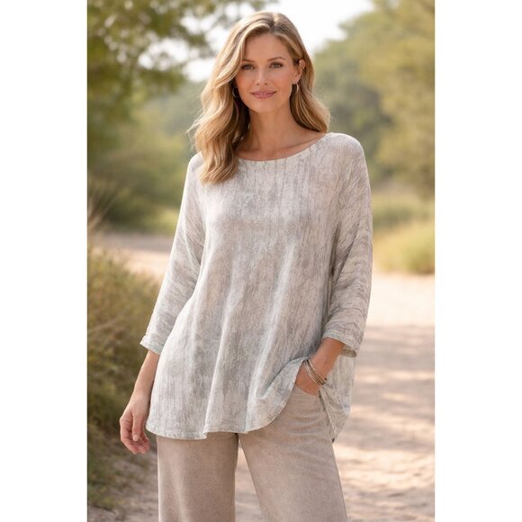 Pure Jill Forest Pattern Linen Blend 3/4 Sleeve Blouse Size M Lagenlook Casual - Picture 1 of 10